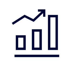 Bar chart with three ascending bars and a line graph showing upward trend.